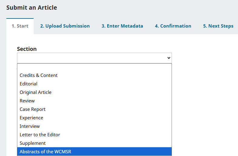 IJMS submission form showing Abstracts of the WCMSR selected as the submission section