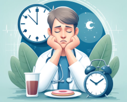 The image depicts a tired-looking medical professional, likely a student or resident, resting their head on their hands with a weary expression. Surrounding them are symbols of time and exhaustion: a large clock showing different times, an alarm clock, and a crescent moon indicating nighttime. In front of the person is a plate with a donut and a cup of coffee, suggesting a quick, possibly unhealthy meal. The background includes calming elements like leaves, and a heartbeat line, emphasizing the stress and fatigue associated with demanding medical schedules. The overall color scheme is soft, with shades of blue and green, highlighting a somber and reflective mood.