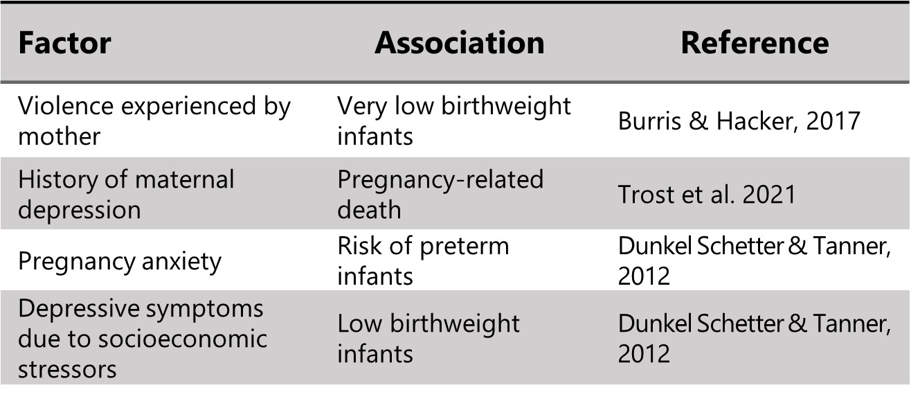The image is a extract of a table titled "Summary of Associations between Socioeconomic Status, Mental Health, and Birth Outcomes." The table has three columns: Factor, Association, and Reference.  The first row indicates that a history of maternal depression is associated with pregnancy-related death, citing Trost et al. 2021 as the reference. The second row links depressive symptoms due to socioeconomic stressors with low birthweight infants and refers to Dunkel Schetter & Tanner, 2012. The table succinctly presents research findings on how socioeconomic status and mental health are related to outcomes at birth. The full table can be found in the article.