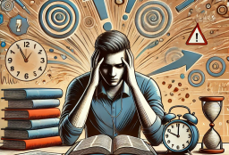 The image depicts a stressed medical student surrounded by books and study materials, with swirling lines and exclamation marks symbolizing stress. The background includes elements like a clock and medical symbols to emphasize the academic and medical context