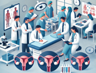 This illustration depicts a busy medical scene with various healthcare professionals, including doctors and nurses, engaged in different activities such as examining patients, discussing medical charts, and conducting lab tests. At the bottom, there are detailed illustrations of the female reproductive system, indicating a focus on gynecological or reproductive health.