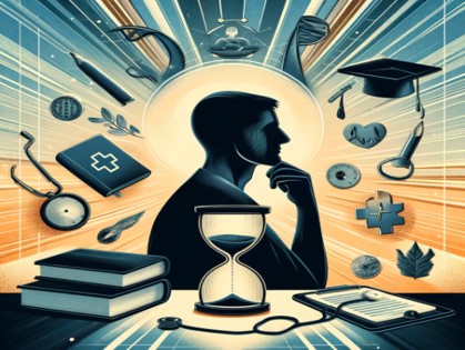 The image is a richly detailed illustration created for an article titled "Becoming a Physician: A 40-year Retrospective on Medical Socialization." At the center, there's a silhouette of a thoughtful person, possibly a physician, with an illuminated backdrop symbolizing enlightenment and reflection. Surrounding the figure are various symbols of medical education and practice, including an hourglass, books, a stethoscope, and an academic graduation cap, arranged in a circular formation suggesting the passage of time. The hourglass is particularly prominent, representing the 40-year journey. Medical icons like a heart, a caduceus, and other healthcare symbols are also interspersed, hinting at the enduring core values of the medical profession. The overall tone of the image is contemplative and introspective, visualizing the personal growth and transformation that occurs over a long career in medicine.