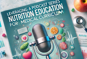 It features a prominent microphone at the center, symbolizing the podcast medium, surrounded by various icons related to nutrition and health, such as fruits, vegetables, a heart, and medical symbols. The background includes elements like a stethoscope and medical documents, emphasizing the educational and medical focus of the podcast series. 