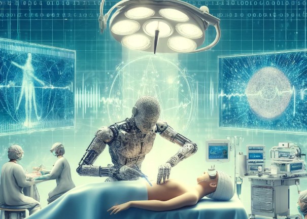 This image serves as a digital illustration for the editorial titled 'Artificial Intelligence in Medicine and Medical Education: Current Applications, Challenges, and Future Directions.' It features a futuristic scene where a robotic arm conducts a surgical procedure on a human patient, symbolizing the precision of AI in medical applications. Surrounding the operating table, medical professionals and students utilize virtual reality headsets and holographic displays for learning and simulation, highlighting AI's role in medical education. The background incorporates elements of binary code and neural network patterns, representing the technological foundation of AI. The color scheme of blues and whites suggests innovation, cleanliness, and trust in the intersection of AI with healthcare.