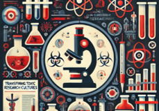Features a modern design with red and dark blue hues, depicting a microscope, medical students, and laboratory scenes to symbolize scientific research and emphasize the urgency of addressing toxic research cultures.
