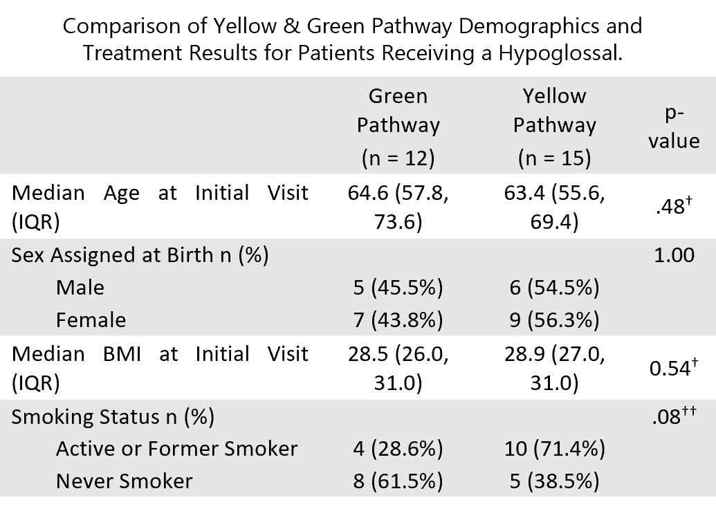 The table compares participants in the Green (n = 12) and Yellow (n = 15) pathways. Sex assigned at birth was evenly distributed between groups (p = 1.00). A higher proportion of smokers was observed in the Yellow Pathway (71.4%) compared to the Green Pathway (28.6%), with a near-significant difference (p = 0.08).