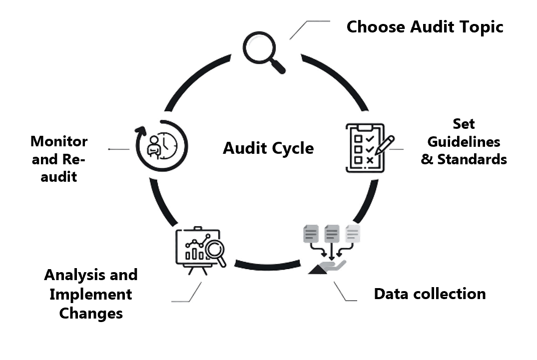 This image illustrates the Audit Cycle through a five-step circular flow designed for continuous quality improvement. The process begins with Choosing an Audit Topic and Setting Guidelines, followed by Data Collection to measure current performance; it then moves to Analyzing and Implementing Changes to bridge any gaps, and finally concludes with Monitoring and Re-auditing to ensure that improvements are sustained, restarting the cycle for ongoing excellence.