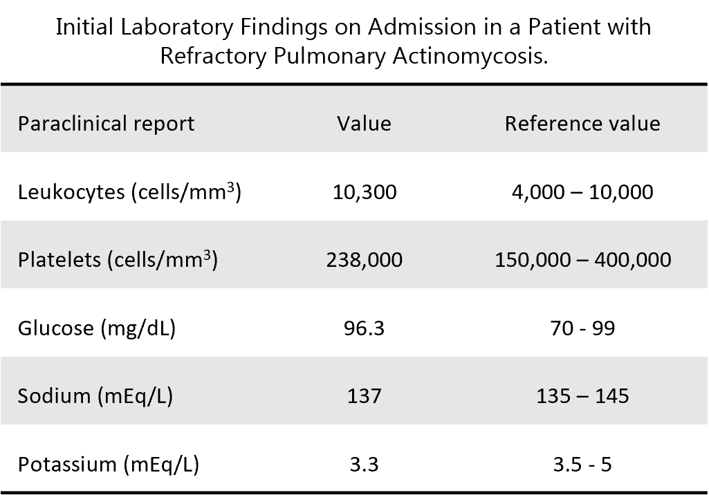 This table details the initial laboratory findings for a patient admitted with refractory pulmonary actinomycosis. Most of the paraclinical results, including Platelets (238,000 cells/mm³), Glucose (96.3 mg/dL), and Sodium (137 mEq/L), fall within their respective reference ranges. However, there is a slight elevation in Leukocytes at 10,300 cells/mm³ (reference: 4,000–10,000) and a slightly low Potassium level of 3.3 mEq/L (reference: 3.5–5), which may be clinically significant in the context of this specific infection.