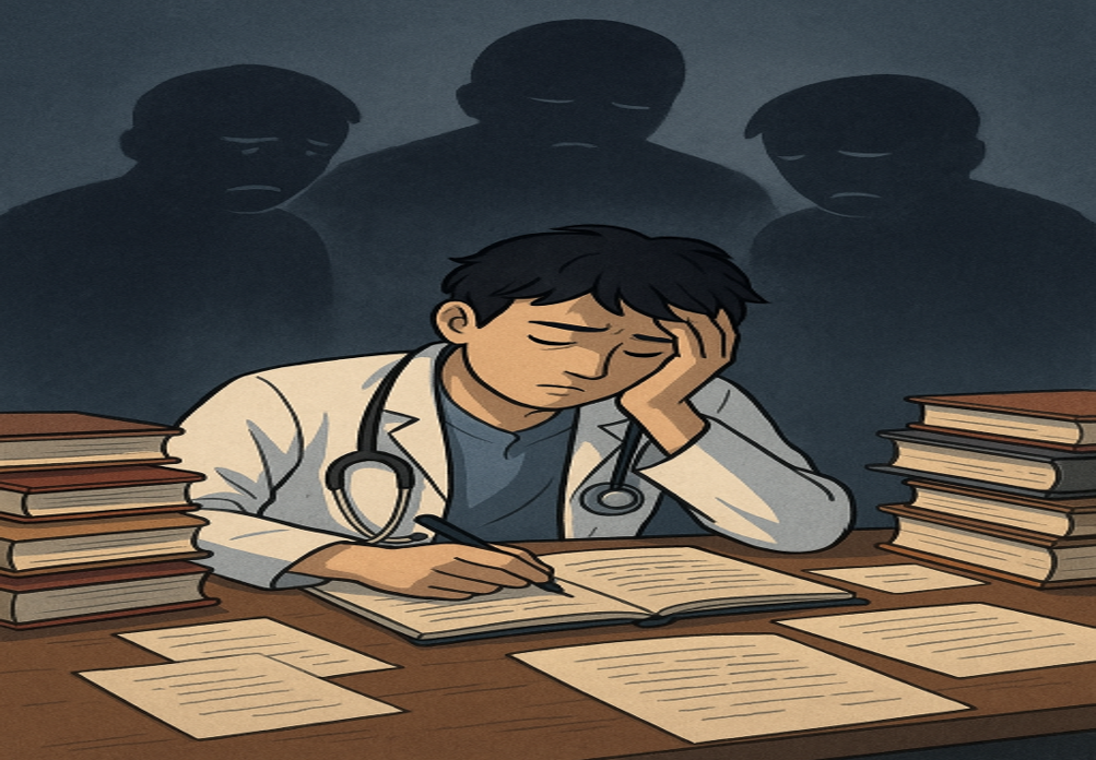 A medical student overwhelmed by academic workload, surrounded by books and papers, while dark shadows in the background symbolize anxiety and depression affecting their mental well-being.
