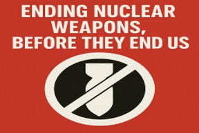 The message “Ending nuclear weapons, before they end us” alongside a crossed-out bomb symbol represents a strong call for nuclear disarmament and global peace.